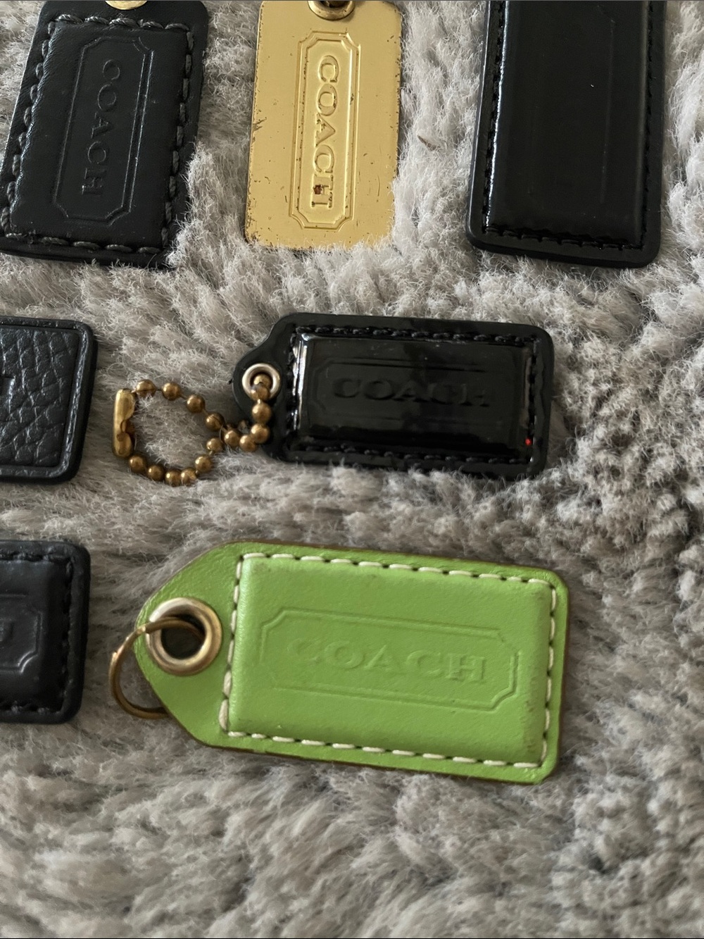 Coach Mini Leather & Metal Hang Tag Set in Neon Yellow, Lime Green, Black & Gold - Picture 3 of 8